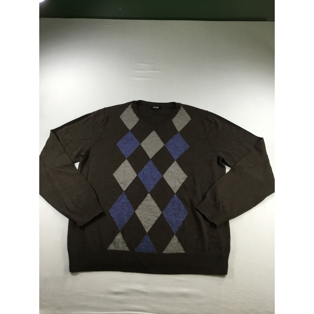 Apt 9 Mens M Sweater Preppy Brown Argyle V-Neck Merino Wool Blend Fall Academia
